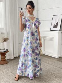 Yasmyna Vestido largo elegante de mujer con estampado floral todo sobre todo y bordado, de estilo tradicional turco y árabe