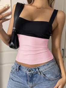 SHEIN EZwear 女式新款针织黑色和粉色拼色修身背心 - 粉色 - 查看 6