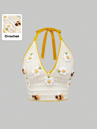 Kawaii Women's Casual Knitted Top With Neck-Tie Back And 3D Floral Decoration