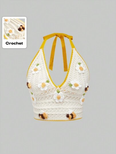 ROMWE Kawaii Top de punto casual para mujer con corbata en la espalda y decoración floral 3D