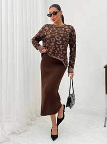 EURMUSE Metallic Leopard Print Knit Top And Skirt Set – Chic And Bold Two-Piece Look - Chocolate Brown - View 5