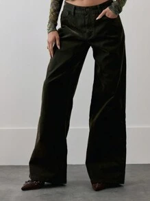 MUSERA Quần jeans ống rộng cạp trung, chất liệu có họa tiết, có đai quần, phong cách mùa xuân 90, Y2K, mùa hè. - xanh quân đội - Xem 2