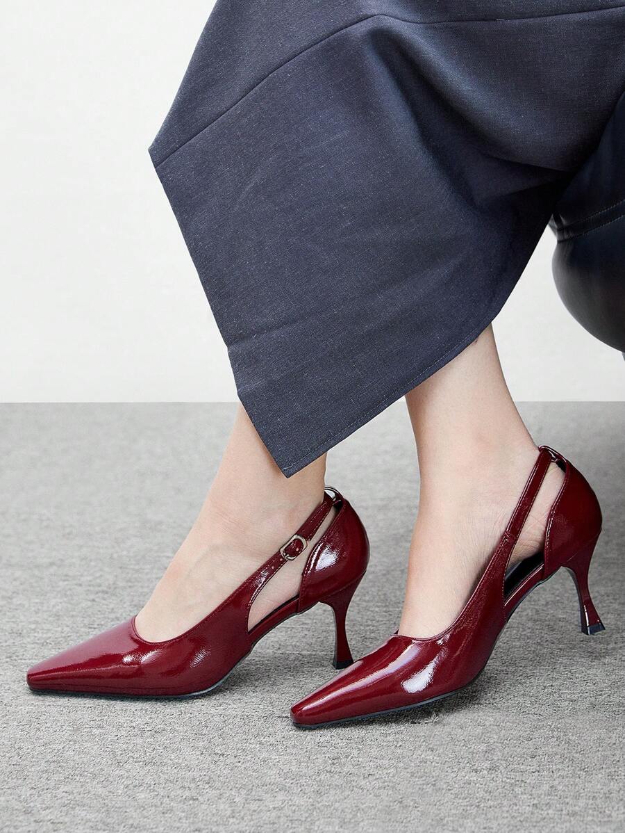 CUCCOO BIZCHIC 勃艮第红色镂空尖头细高跟鞋，时尚舒适通勤优雅女士正装鞋