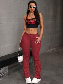 SHEIN ICON Celana Jeans Kargo Slim Fit Kasual Wanita Warna Polos dengan Detail Kerut - Merah - View 7