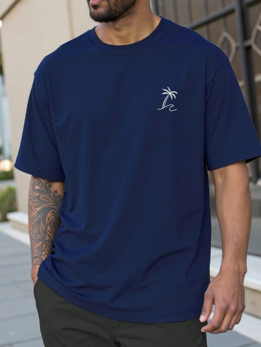 Manfinity Homme Men's Plus Size Round Neck Short Sleeve Print Casual T-Shirt, Navy Blue Graphic Tee, Dark Blue Graphic Tee - Royal Blue - View 1