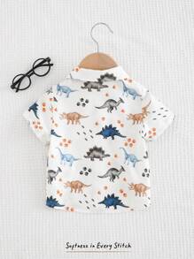 Cozy Pixies Áo sơ mi tay ngắn họa tiết khủng long hoạt hình cho bé trai, giản dị & đa năng - Màu xanh lam - Xem 2