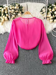 SHEIN Unity Plus Size Elegant Solid Color 3D Floral Decor Lantern Sleeve Blouse - Hot Pink - View 2