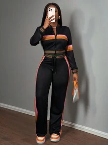 Slaydiva Winter Zip-Up Jacket And Decorated Trim Women Pants Suit Set - Black - View 4