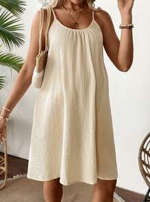 SHEIN Maternity Solid Color Spaghetti Strap Casual Mini Dress - Khaki - View 4