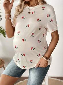 SHEIN تي شيرت كاجوال بتصميم طباعة الكرز للرقبة المستديرة وياقة متدلية للنساء الحوامل