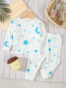 SHEIN 2 件套婴儿男孩可爱星星月亮印花休闲套头长袖上衣和长裤睡衣套装 - 杏色 - 查看 3