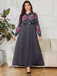 Lacomfia Elegant Vintage Patchwork Pleated Plus Size Dress Fall Cloth For Women - Grey - View 3