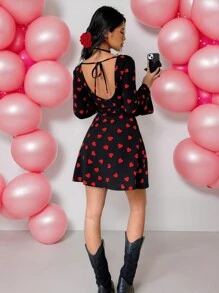 SHEIN Essnce Women's Heart Print Round Neck Bell Sleeve Cute Mini Dress For Valentine's Day
