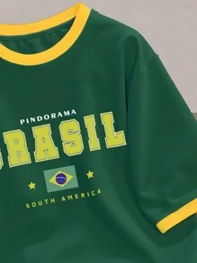 Manfinity Campus Court 男士拼布 T 恤 Manfinity Hypemode，绿色和黄色巴西足球运动元素和字母印花图案，撞色拼布短袖 - 彩色 - 查看 4