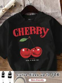 SHEIN CURVE+ 休闲简约水果图案圆领短袖修身大码女式 T 恤，夏季