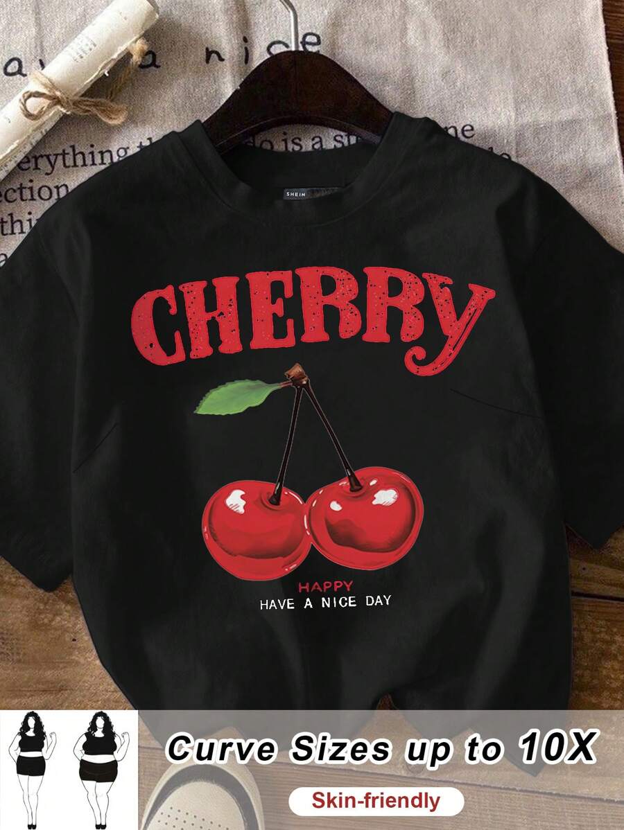 SHEIN CURVE+ 休闲简约水果图案圆领短袖修身大码女式 T 恤，夏季