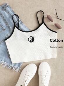 SHEIN EZwear Nhẫn thêu âm dương đan sườn Cami Top - trắng - Xem 1
