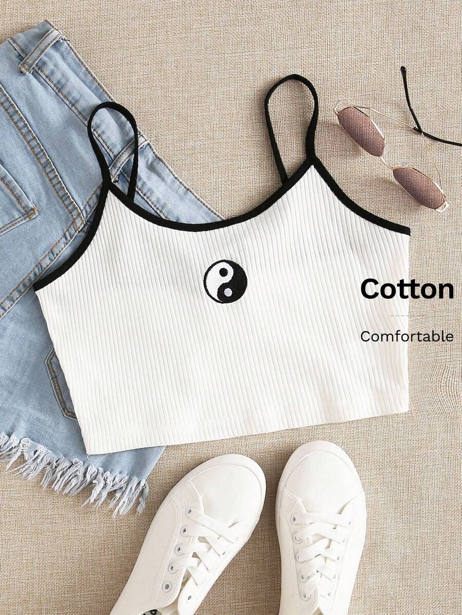 SHEIN EZwear Nhẫn thêu âm dương đan sườn Cami Top - trắng - Xem 1