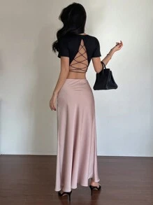 DAZY Solid Color Fitted Cropped Tie-Up Backless Women T-Shirt, Summer,Halter Top