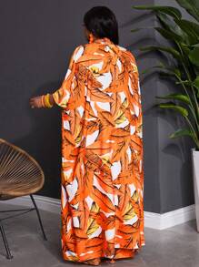 SHEIN CURVE+ Plus Size 3 Pieces Set Women's Loose Tropical Plant Pattern Beach Vacation Outfit - Orange - View 2