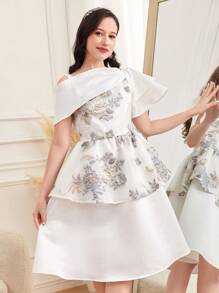 SHEIN Teen Girl White Gorgeous Asymmetric Collar Decor Satin Dress, Court Party Dress - White - View 6