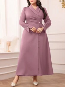 Modelyn Plus Size Women Solid Color Pleated Ruffle V-Neck Long Sleeve Dress - Pink - View 7