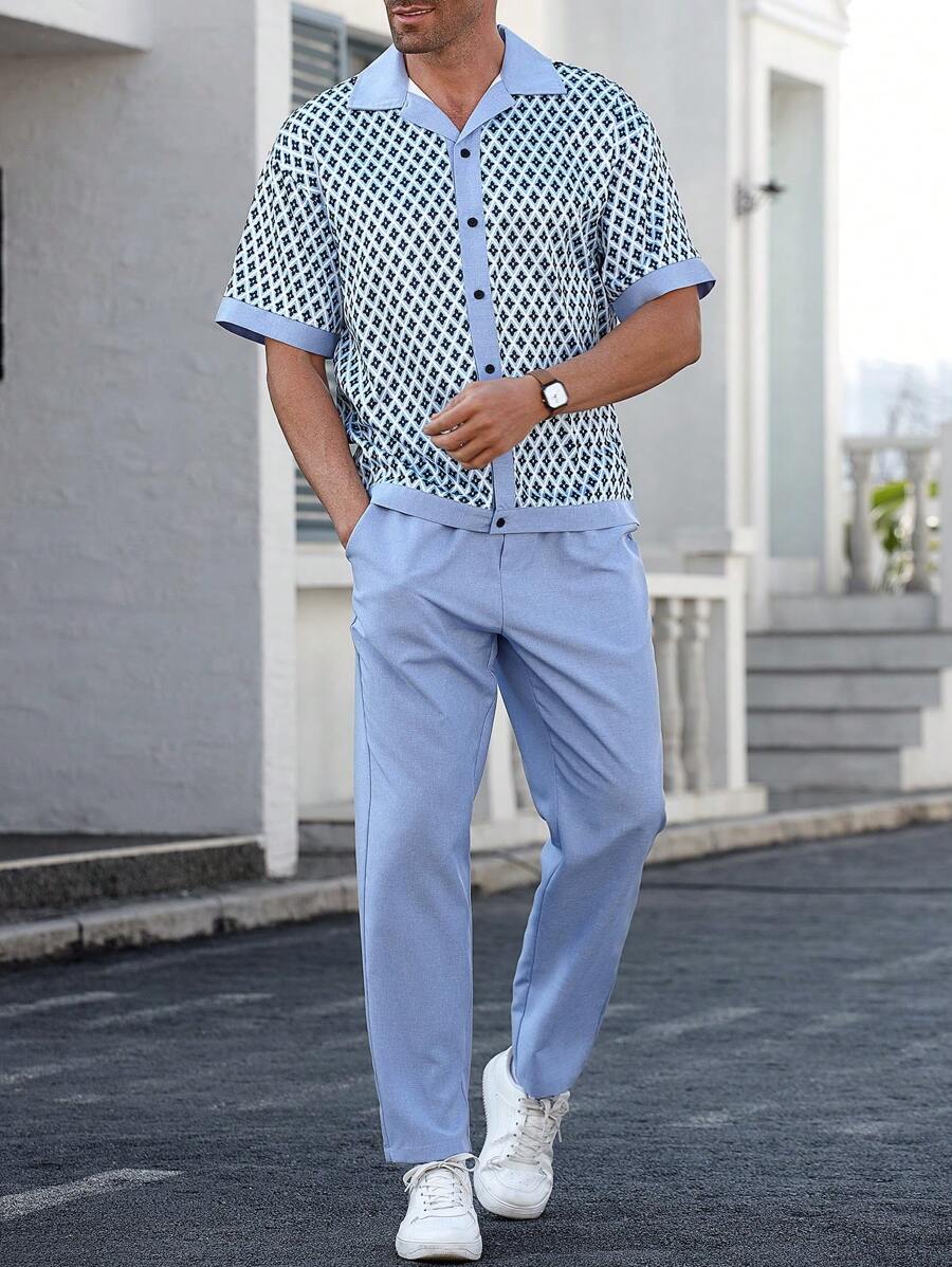 Manfinity CasualCool Ensemble chemise à manches courtes et pantalon imprimé géométrique décontracté pour hommes