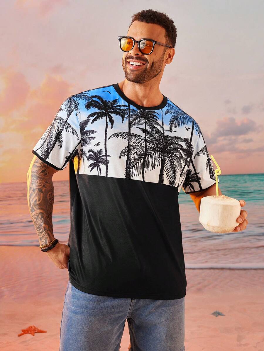 EASEVO Plus Size Men's Loose Street Style Coconut Tree Print Black T-Shirt, Summer - Multicolor - View 1