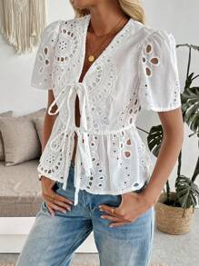 Chiquease Women's Tie Front Embroidered Puff Sleeve Blouse