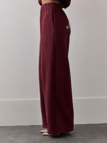 MUSERA High Rise Concealed Drawstring Elasticated "Muse" Print Wide Leg Sweatpants Vacation Summer Sexy - Burgundy - View 5