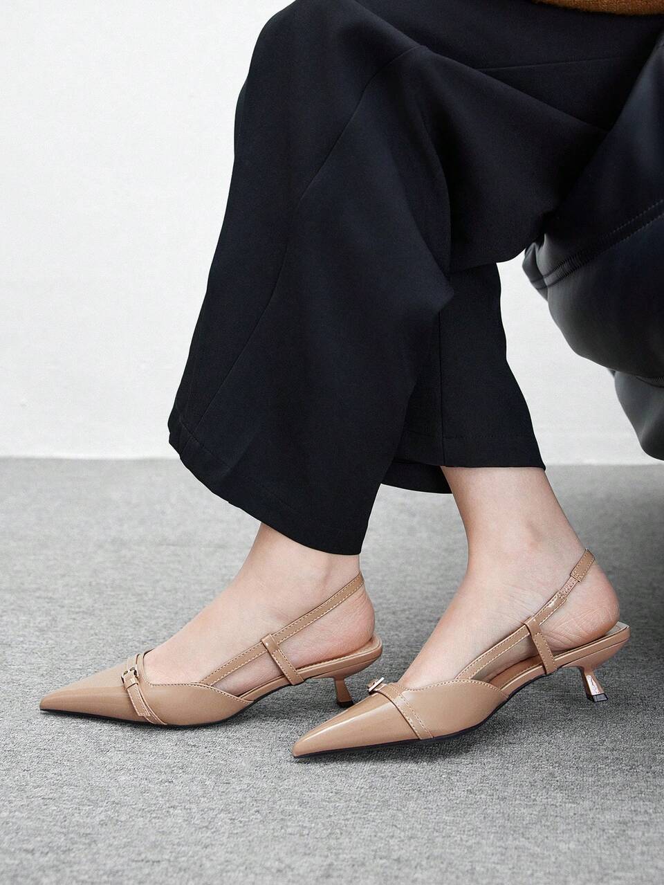CUCCOO BIZCHIC Pointed Toe Kitten Heel Low Heel Apricot Comfortable Slip-On Pumps, Versatile Everyday Office Pumps With Ankle Strap For Christmas