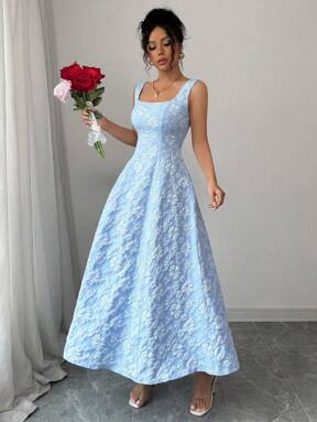 Elenzga New Women's Wide Strap Textured Floral Weaving Slim-Fit Midi Dress, Elegant And Sophisticated, Youthful And Versatile, Elongating And Slimming, Easter Dress