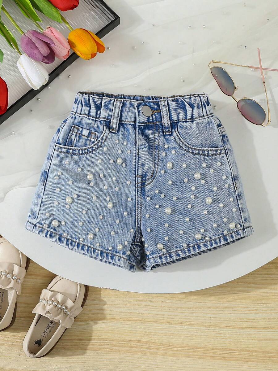 SHEIN Explorewe Young Girl' Fashionable Riveted Denim Shorts, Versatile & Snug Fit - Light Wash - View 1