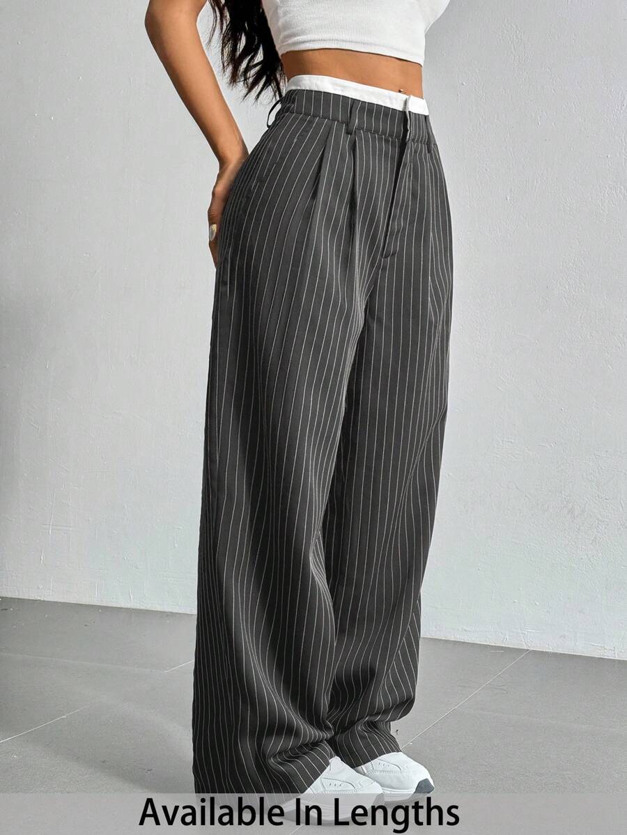SHEIN PETITE CURVE Plus Size Summer Casual Striped Wide-Leg Colorblock High Waist Pants For People Of Shorter Stature - Grey - View 1