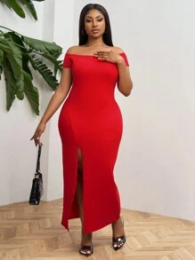 SHEIN PETITE CURVE Plus Size Off Shoulder Solid Color Dress, Simple Casual Everyday Style