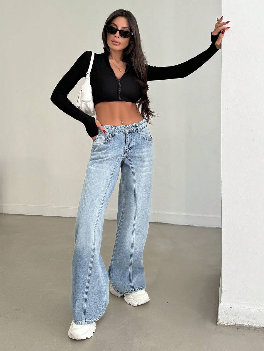 EURMUSE LOW RISE WIDELEG VINTAGE WASH Y2K JEAN - Medium Wash - View 1