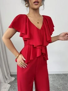 Chiquease Ruffled Waist Elegant Fashionable Vacation Jumpsuit, Red - Red - View 5