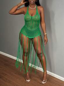 Slaydiva Vestido de punto con flecos de estilo de playa calado con tejido de ganchillo - Verde - Ver 6