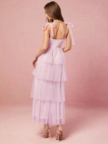 Enchnt 女士网眼拼布系带休闲长款优雅连衣裙 - 淡紫色 - 查看 2