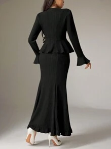 Heiryn 日常优雅女士长袖衬衫和美人鱼风格裙子套装 - 黑色 - 查看 3