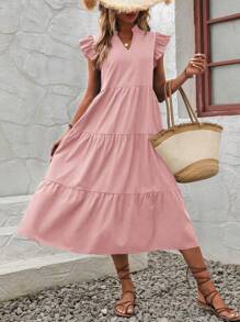 EMERY ROSE Notched Neckline Ruffle Trim Smock Dress Maxi Vacation Beach Outfits Women - Pink - View 5