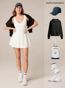 GLOWMODE Quick-Dry V Neck Strappy Back Peekaboo Active Dress With Built-In Shorts Low Impact Yoga Daily Removable Cups - White - View 9