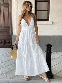 Pariaura 法式优雅性感度假镂空荷叶边下摆吊带裙 - 白色 - 查看 1