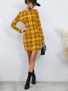 SHEIN Clasi Women's Mustard Yellow Plaid Long Sleeve Bodycon Dress: Fall Fashion - Ginger - View 7