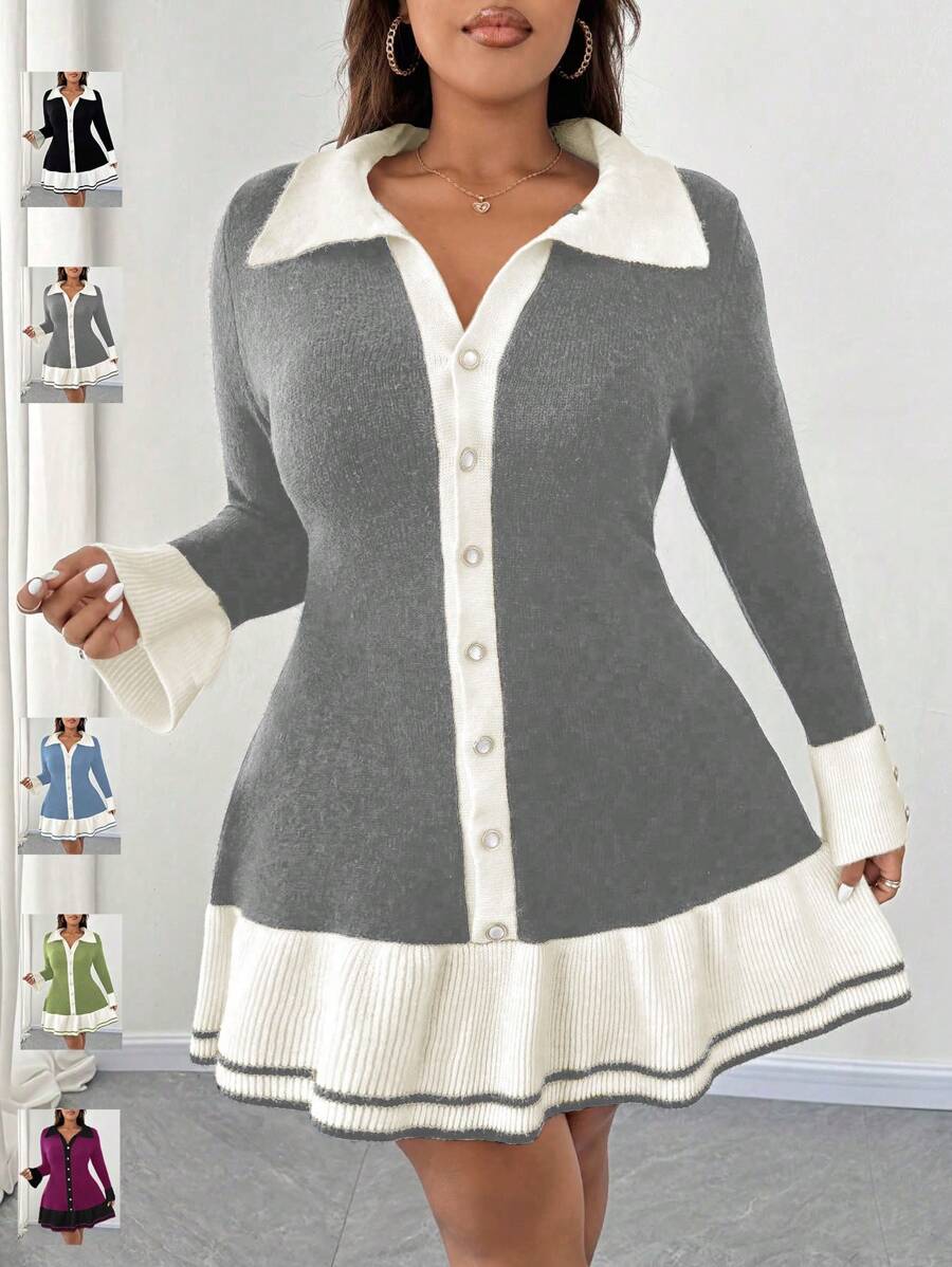 SHEIN Unity Plus Size Women Knitted Color Block Sweater Dress With Ruffle Trim & Button Detail, Elegant For Autumn/Winter Fall Cloth For Women - Grey - View 1