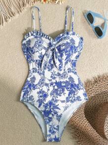 SHEIN Tween Girl Blue & White Floral Print Vintage Style Knit Camisole With Front Gathers, Tie-Front Bow, Waist Drawstring, Beach Resort Casual Swimsuit