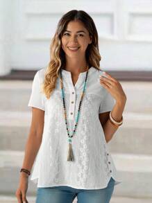 EMERY ROSE Camicia a maniche corte da donna in cotone estiva con scollo a V ricamato, top a maniche corte