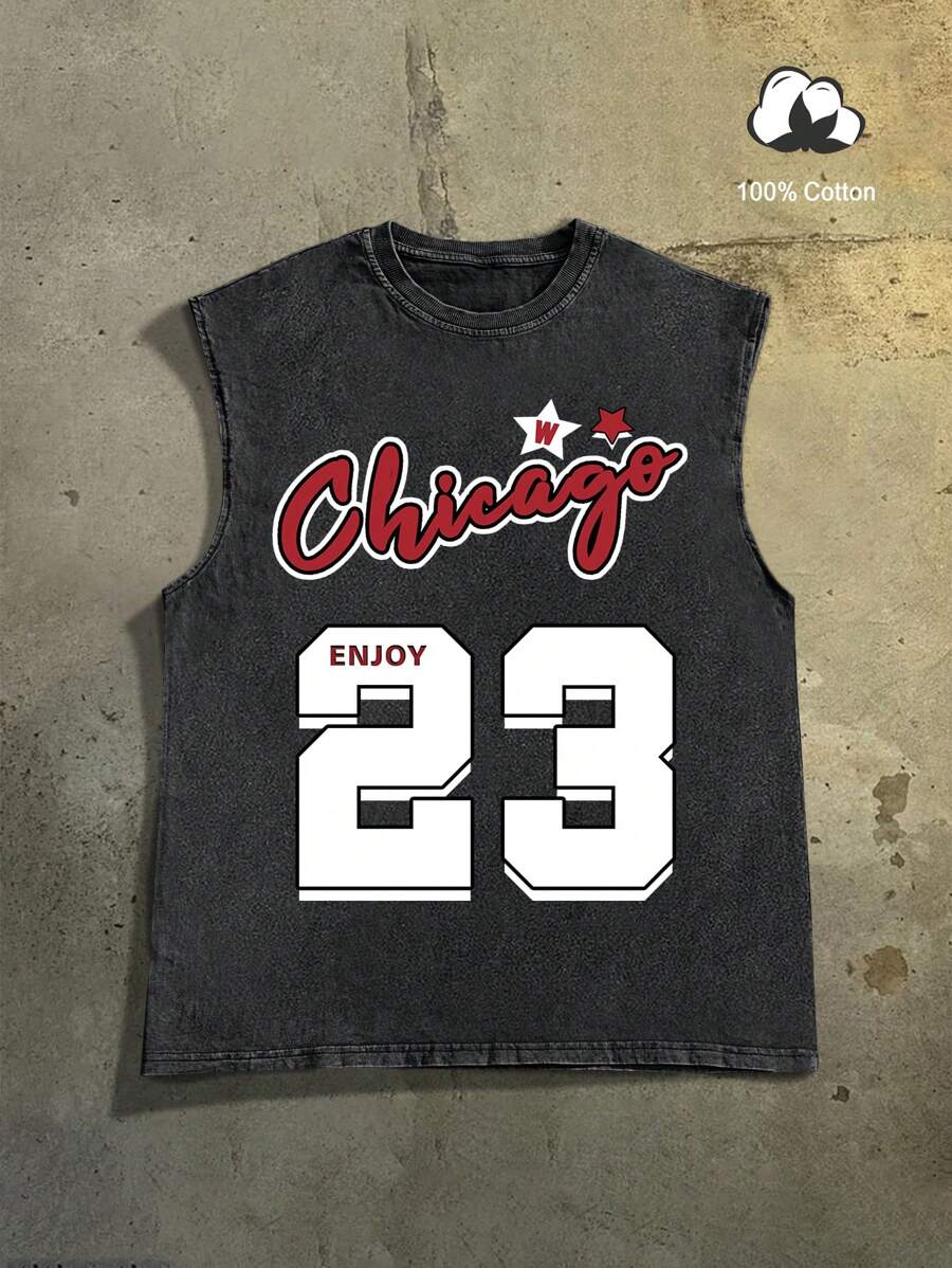 Manfinity EMRG 男式数字印花圆领无袖休闲背心 - 黑色 - 查看 1