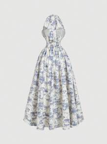 SHEIN MOD 女式复古碎花褶饰腰部优雅挂脖中长连衣裙，女士度假装，女士夏季装，女士西部装，乡村装，海滩度假装，情人节，女士波西米亚风连衣裙