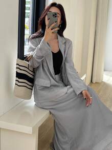 DAZY 女士休闲宽松外套和A字裙两件套套装，亚麻材质，秋季女装商务正装